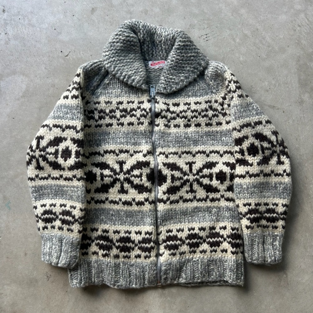 Vintage Handmade Cowichan Style Chunky Knit Zip Cardigan Grey Cream Shawl Collar